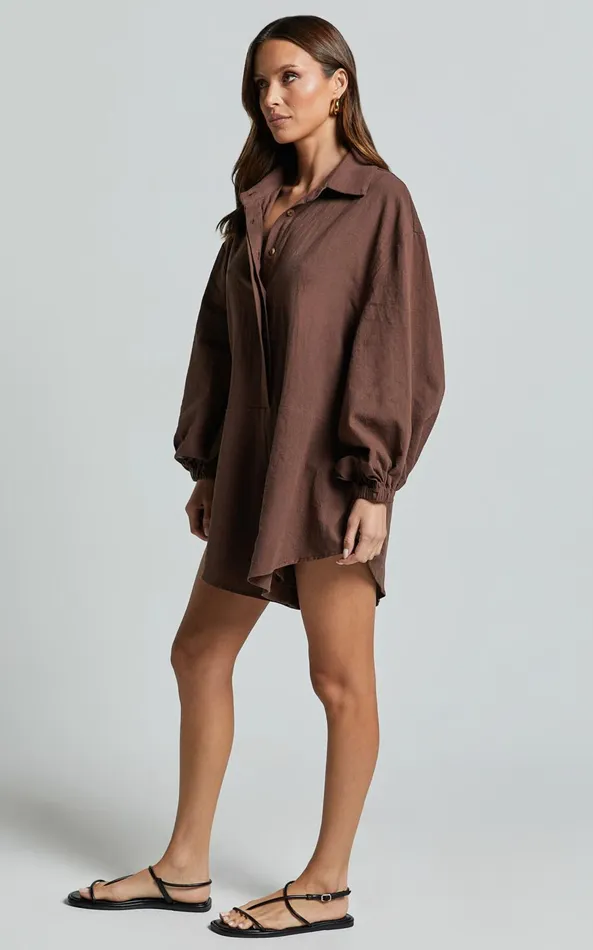 Showpo Anka Playsuit 8211 Relaxed Button Front Shirt Playsuit In Chocolate Women Curve Clothes