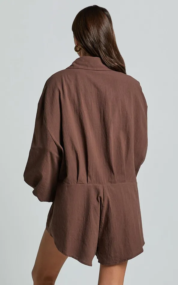 Showpo Anka Playsuit 8211 Relaxed Button Front Shirt Playsuit In Chocolate Women Curve Clothes