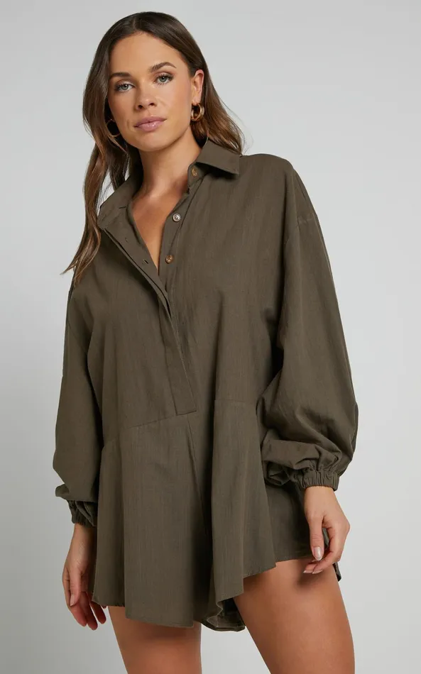 Showpo Anka Playsuit 8211 Relaxed Button Front Shirt Playsuit In Khaki Women Curve Clothes Showpo Anka Playsuit 8211 Relaxed Button Front Shirt Playsuit In Khaki Women Curve Clothes