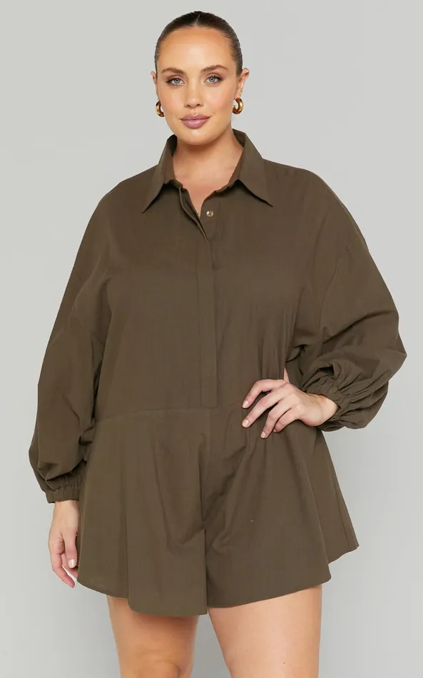 Showpo Anka Playsuit 8211 Relaxed Button Front Shirt Playsuit In Khaki Women Curve Clothes