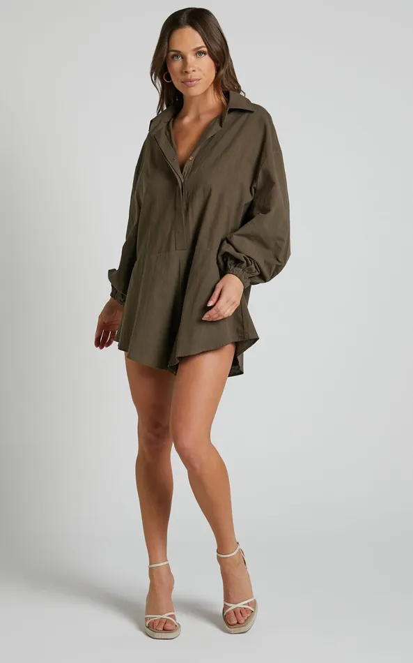 Showpo Anka Playsuit 8211 Relaxed Button Front Shirt Playsuit In Khaki Women Curve Clothes