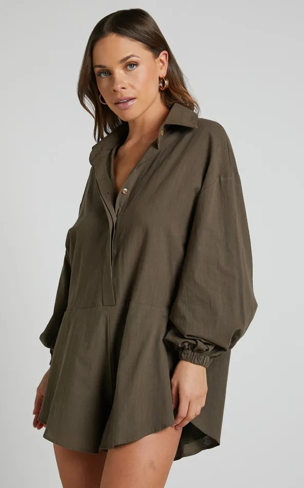 Showpo Anka Playsuit 8211 Relaxed Button Front Shirt Playsuit In Khaki Women Curve Clothes