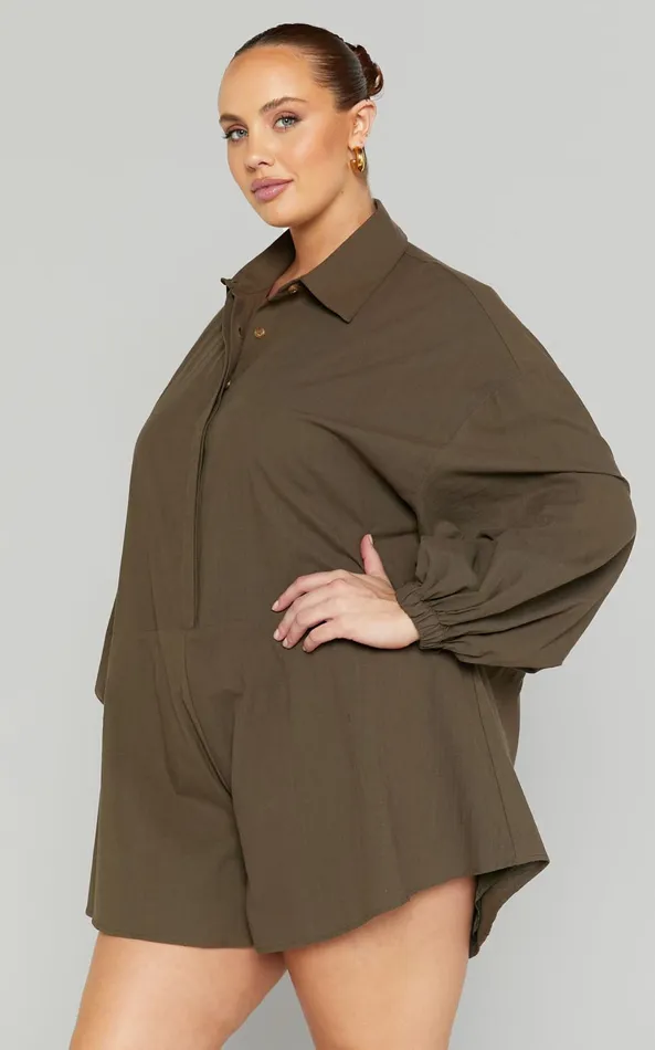 Showpo Anka Playsuit 8211 Relaxed Button Front Shirt Playsuit In Khaki Women Curve Clothes