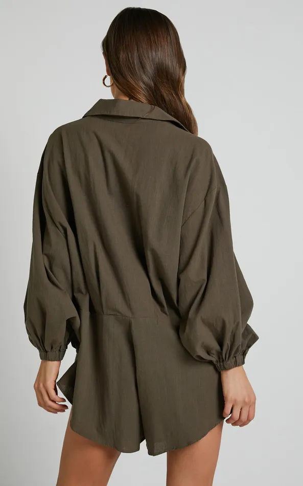 Showpo Anka Playsuit 8211 Relaxed Button Front Shirt Playsuit In Khaki Women Curve Clothes