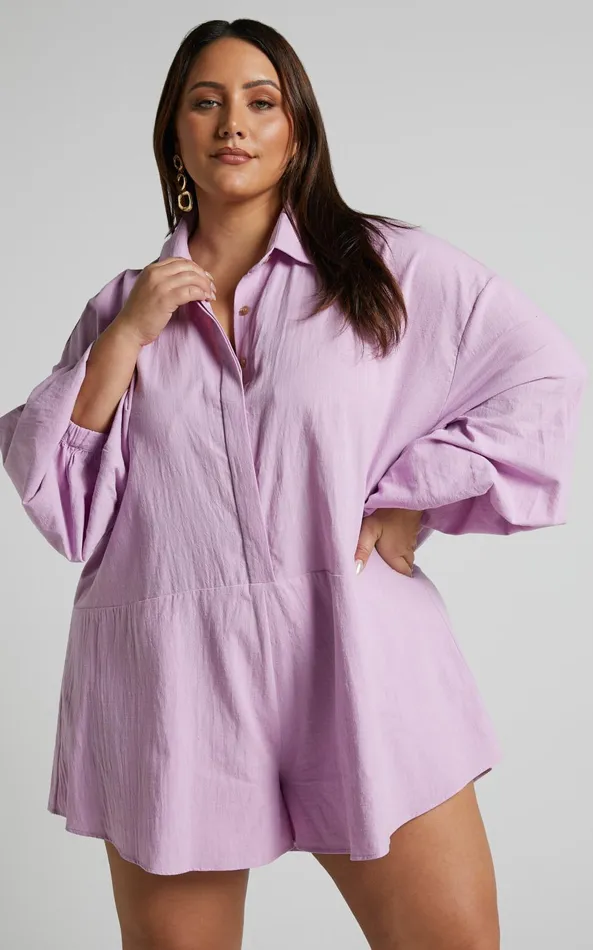 Showpo Anka Playsuit 8211 Relaxed Button Front Shirt Playsuit In Lilac Women Curve Clothes Showpo Anka Playsuit 8211 Relaxed Button Front Shirt Playsuit In Lilac Women Curve Clothes