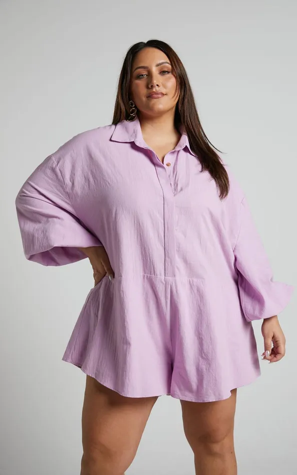 Showpo Anka Playsuit 8211 Relaxed Button Front Shirt Playsuit In Lilac Women Curve Clothes Showpo Anka Playsuit 8211 Relaxed Button Front Shirt Playsuit In Lilac Women Curve Clothes