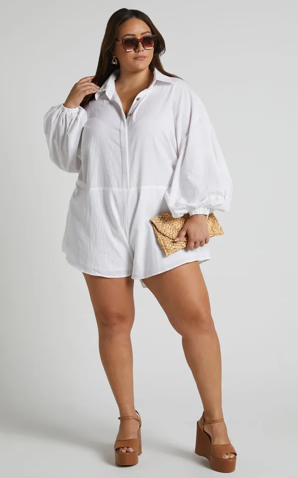 Showpo Anka Playsuit 8211 Relaxed Button Front Shirt Playsuit In White Women Curve Clothes