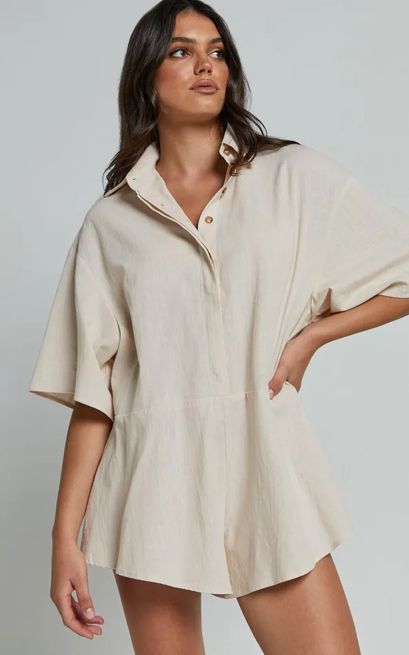 Showpo Ankana Playsuit 8211 Short Sleeve Relaxed Button Front Playsuit In Biscuit Women Shop Conscious