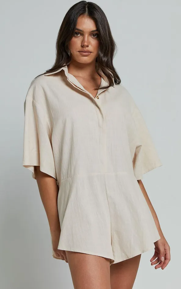 Showpo Ankana Playsuit 8211 Short Sleeve Relaxed Button Front Playsuit In Biscuit Women Shop Conscious