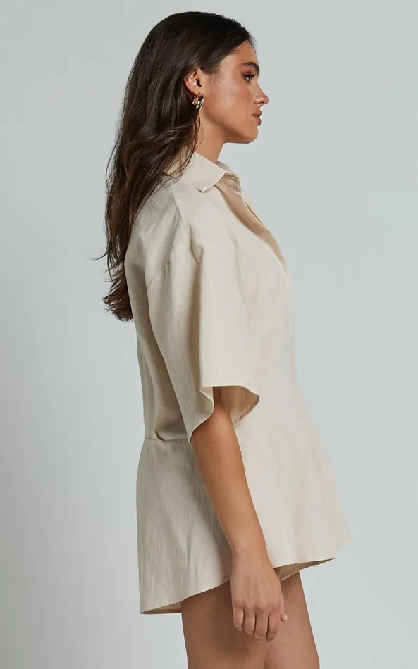 Showpo Ankana Playsuit 8211 Short Sleeve Relaxed Button Front Playsuit In Biscuit Women Shop Conscious