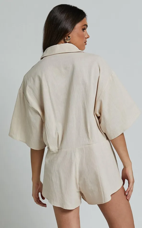 Showpo Ankana Playsuit 8211 Short Sleeve Relaxed Button Front Playsuit In Biscuit Women Shop Conscious