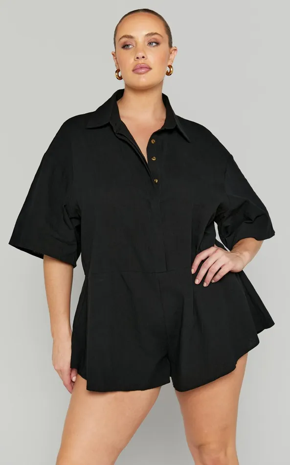 Showpo Ankana Playsuit 8211 Short Sleeve Relaxed Button Front Playsuit In Black Women Curve Clothes