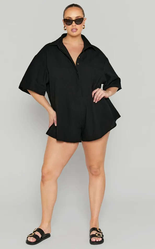 Showpo Ankana Playsuit 8211 Short Sleeve Relaxed Button Front Playsuit In Black Women Curve Clothes