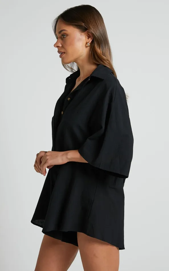 Showpo Ankana Playsuit 8211 Short Sleeve Relaxed Button Front Playsuit In Black Women Curve Clothes
