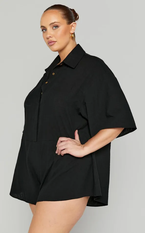 Showpo Ankana Playsuit 8211 Short Sleeve Relaxed Button Front Playsuit In Black Women Curve Clothes