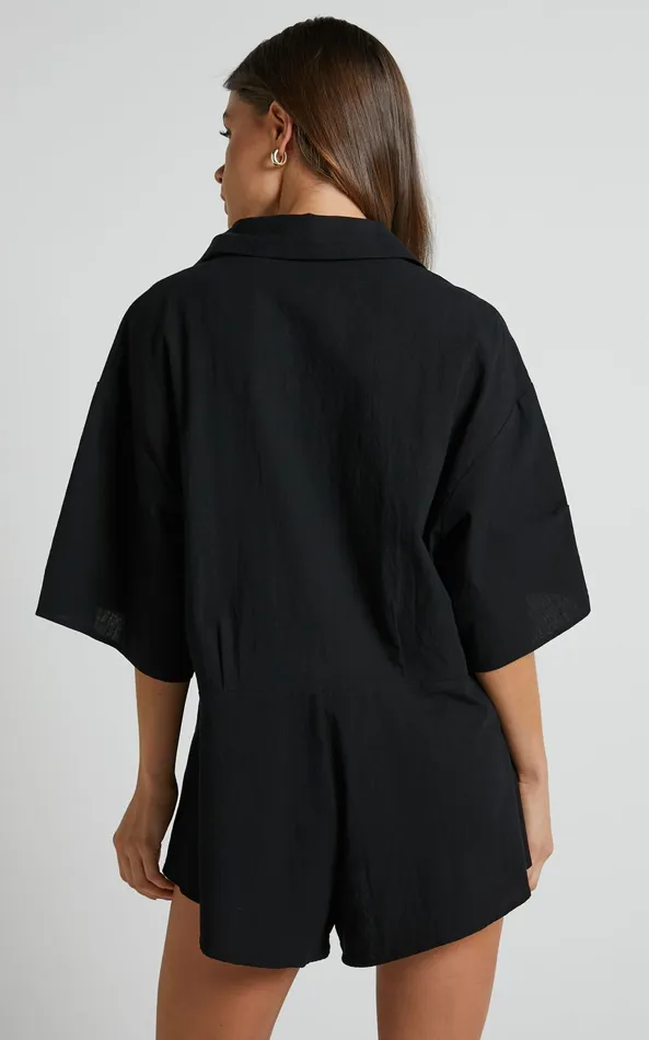 Showpo Ankana Playsuit 8211 Short Sleeve Relaxed Button Front Playsuit In Black Women Curve Clothes
