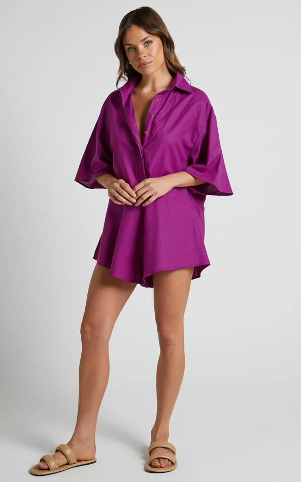Showpo Ankana Playsuit 8211 Short Sleeve Relaxed Button Front Playsuit In Magenta Women Curve Clothes