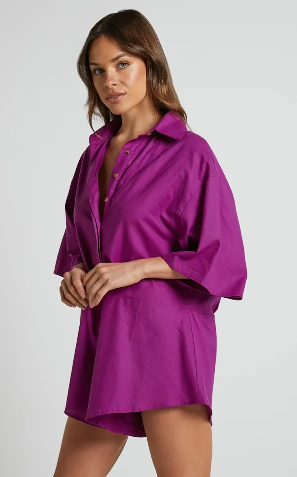 Showpo Ankana Playsuit 8211 Short Sleeve Relaxed Button Front Playsuit In Magenta Women Curve Clothes