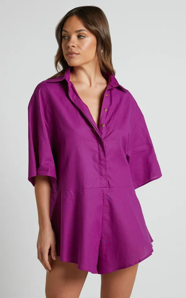 Showpo Ankana Playsuit 8211 Short Sleeve Relaxed Button Front Playsuit In Magenta Women Curve Clothes