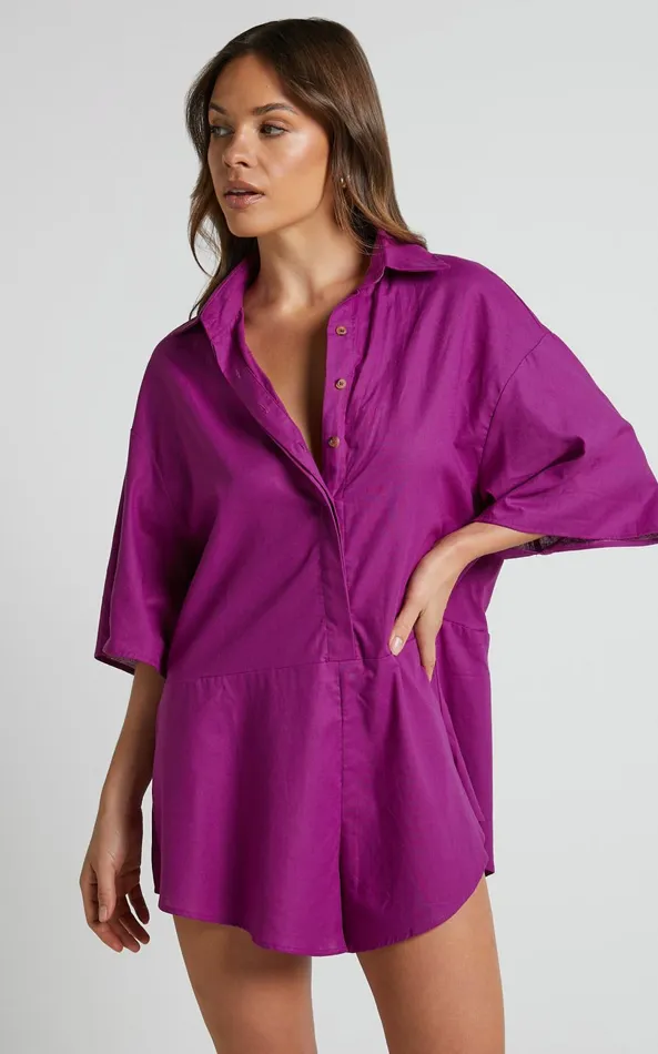 Showpo Ankana Playsuit 8211 Short Sleeve Relaxed Button Front Playsuit In Magenta Women Curve Clothes