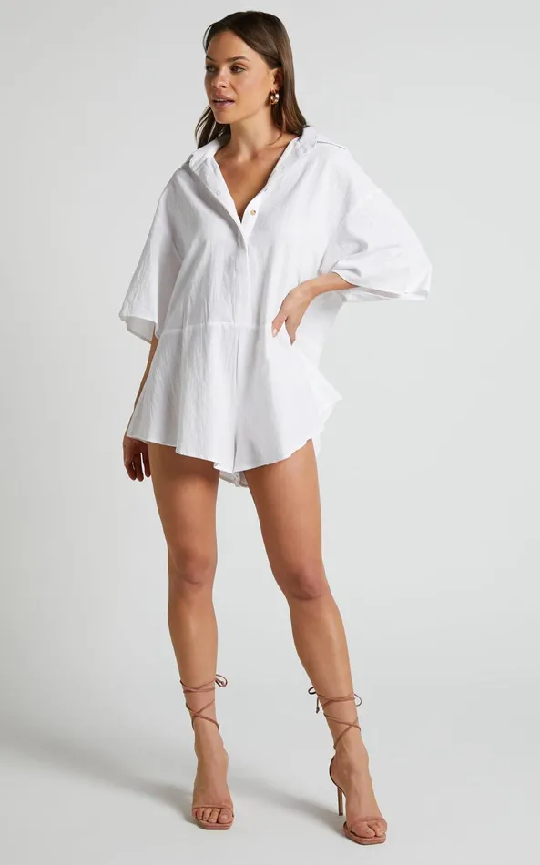 Showpo Ankana Playsuit 8211 Short Sleeve Relaxed Button Front Playsuit In White Women Curve Clothes