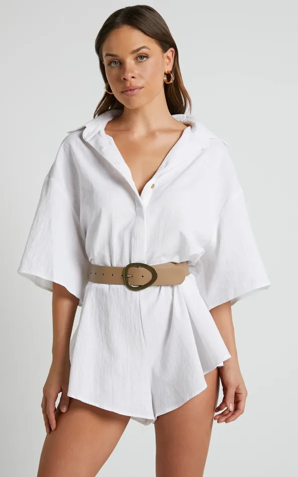 Showpo Ankana Playsuit 8211 Short Sleeve Relaxed Button Front Playsuit In White Women Curve Clothes