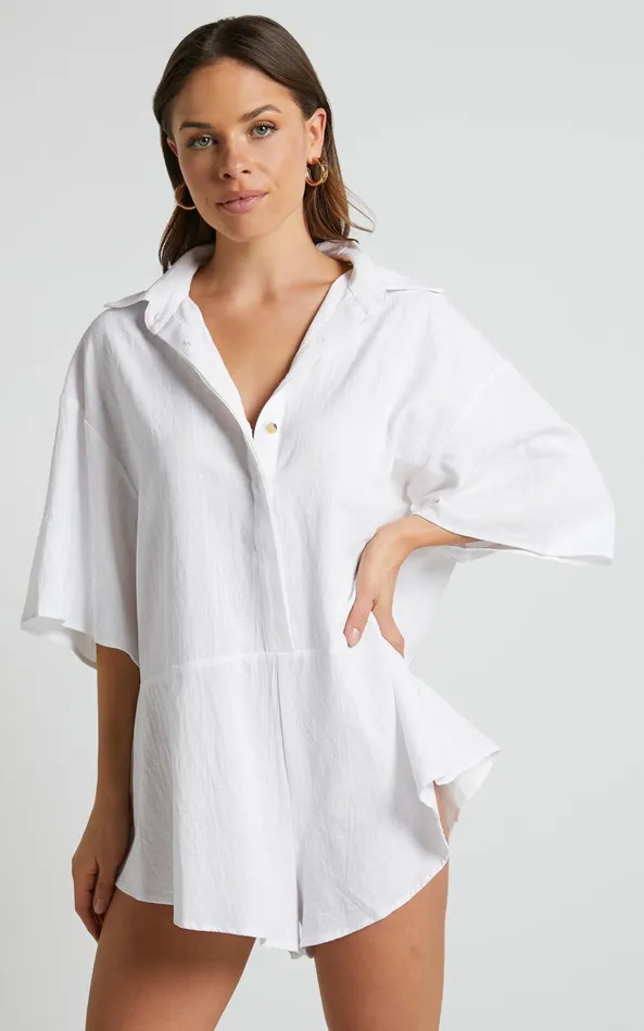 Showpo Ankana Playsuit 8211 Short Sleeve Relaxed Button Front Playsuit In White Women Curve Clothes