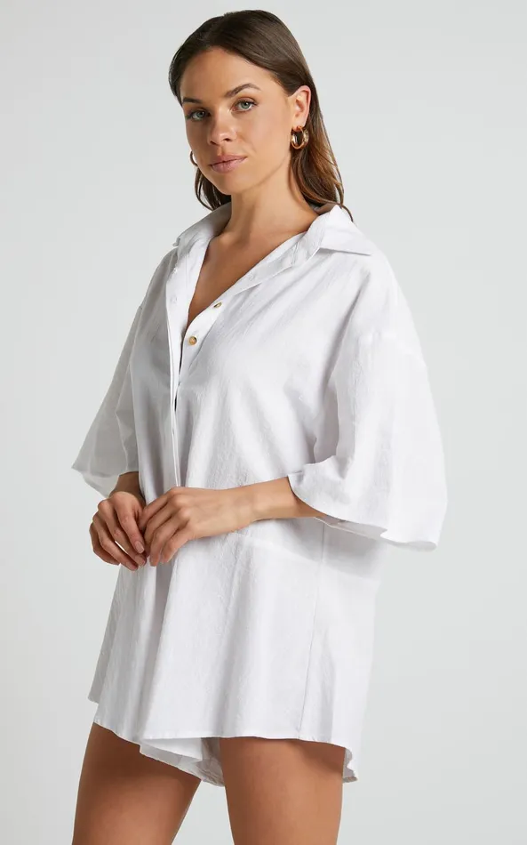 Showpo Ankana Playsuit 8211 Short Sleeve Relaxed Button Front Playsuit In White Women Curve Clothes