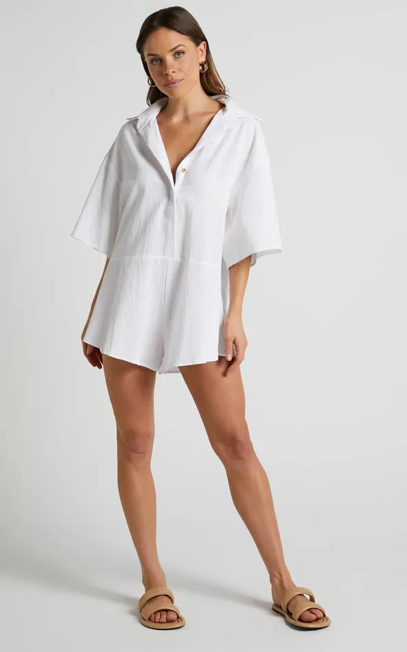 Showpo Ankana Playsuit 8211 Short Sleeve Relaxed Button Front Playsuit In White Women Curve Clothes