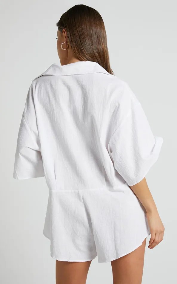 Showpo Ankana Playsuit 8211 Short Sleeve Relaxed Button Front Playsuit In White Women Curve Clothes