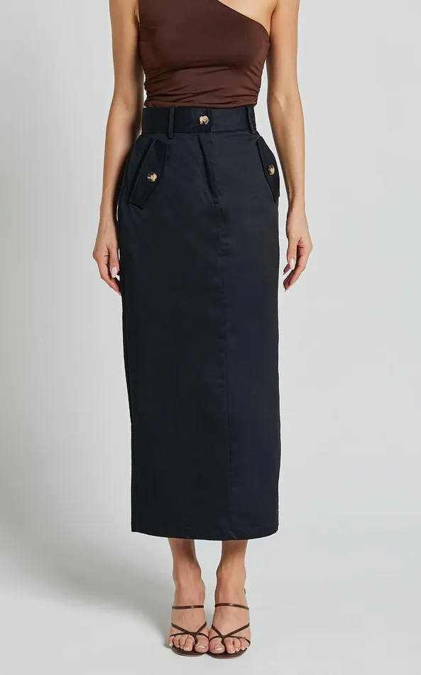 Showpo Anna Midi Skirt 8211 High Waisted Cargo In Black Women Skirts