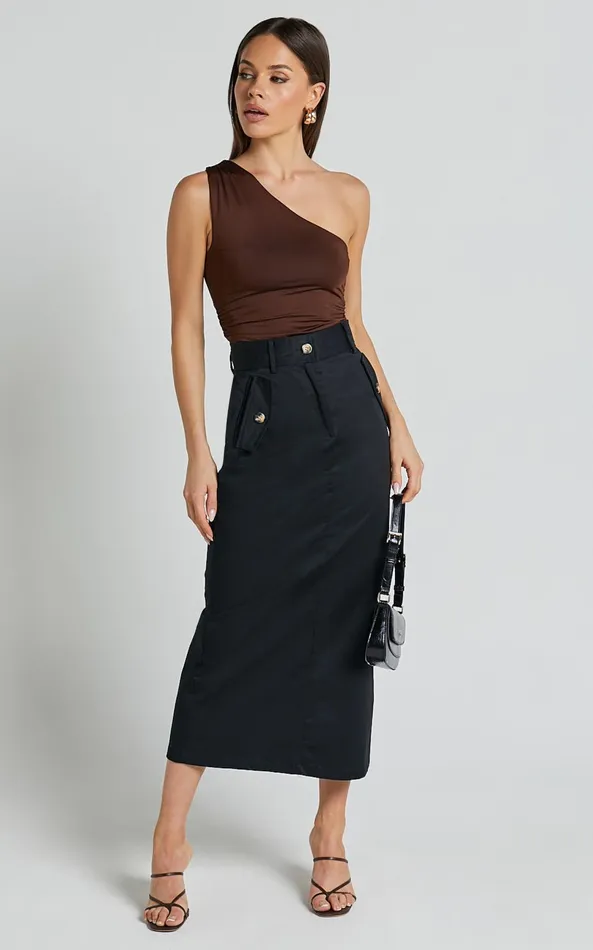 Showpo Anna Midi Skirt 8211 High Waisted Cargo In Black Women Skirts