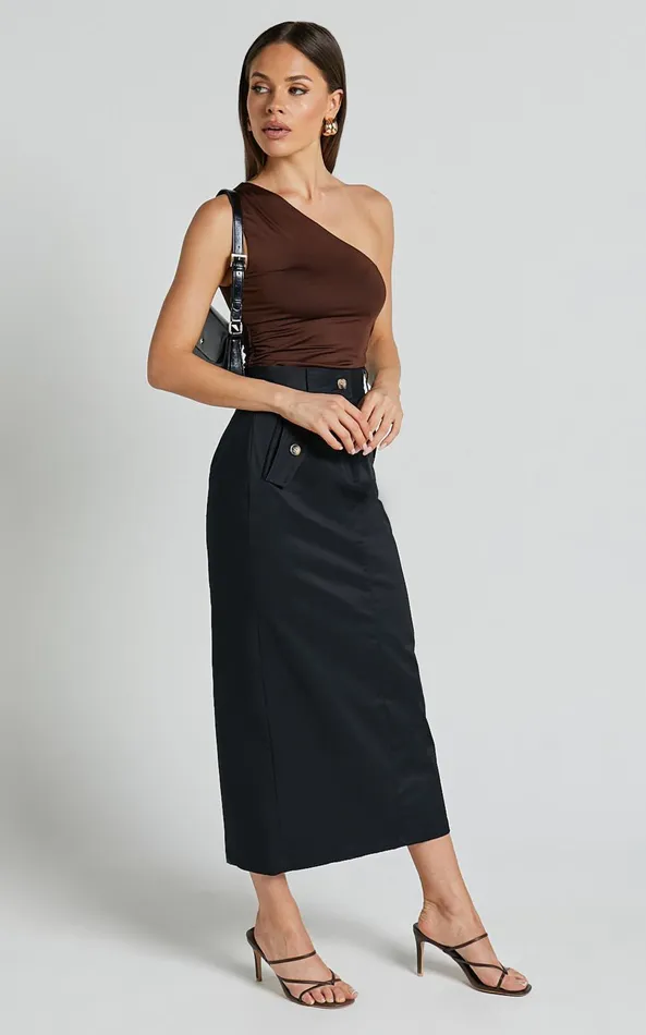 Showpo Anna Midi Skirt 8211 High Waisted Cargo In Black Women Skirts