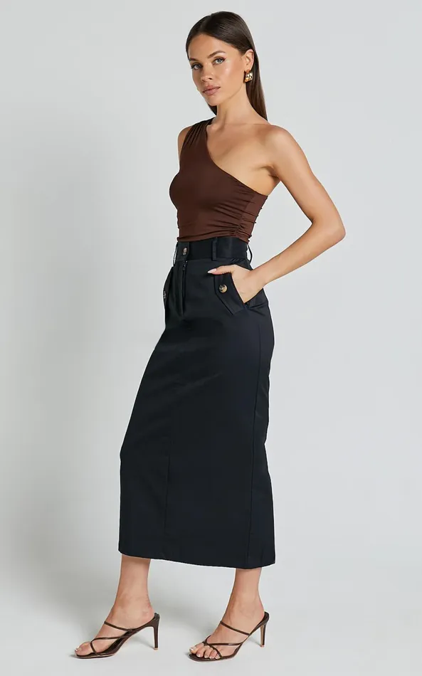 Showpo Anna Midi Skirt 8211 High Waisted Cargo In Black Women Skirts