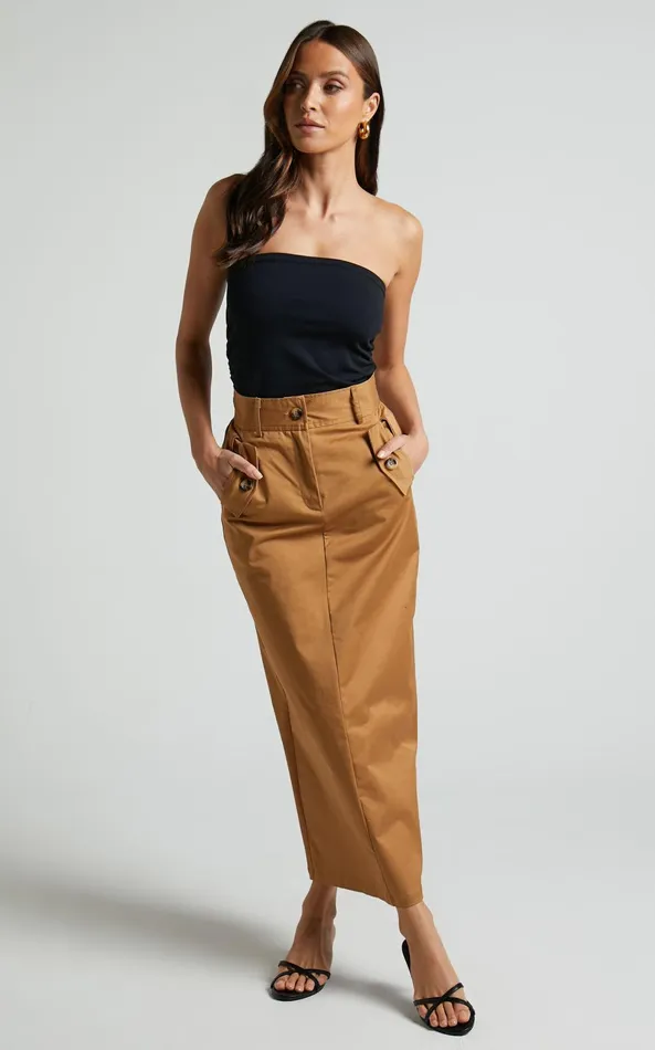 Showpo Anna Midi Skirt 8211 High Waisted Cargo In Camel Women Skirts