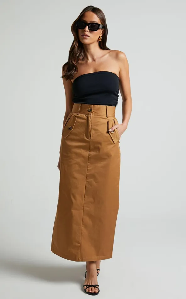 Showpo Anna Midi Skirt 8211 High Waisted Cargo In Camel Women Skirts