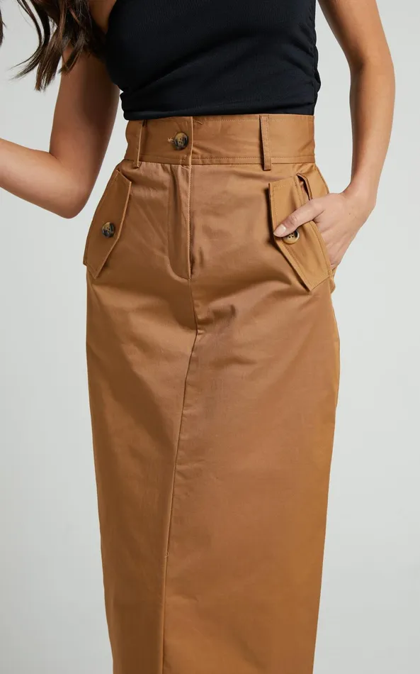 Showpo Anna Midi Skirt 8211 High Waisted Cargo In Camel Women Skirts