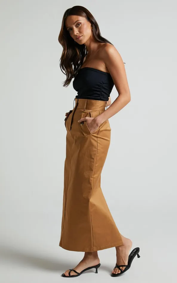 Showpo Anna Midi Skirt 8211 High Waisted Cargo In Camel Women Skirts