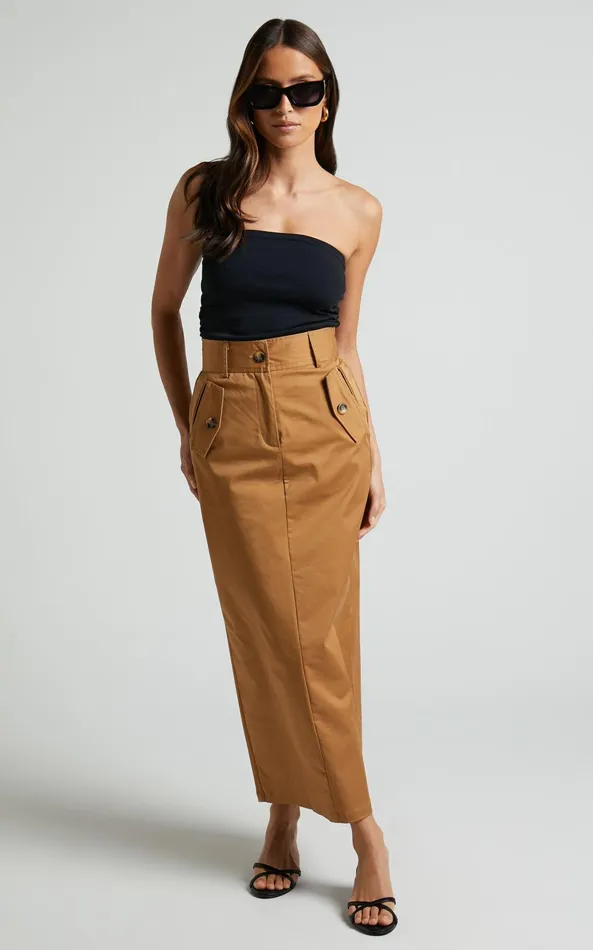 Showpo Anna Midi Skirt 8211 High Waisted Cargo In Camel Women Skirts