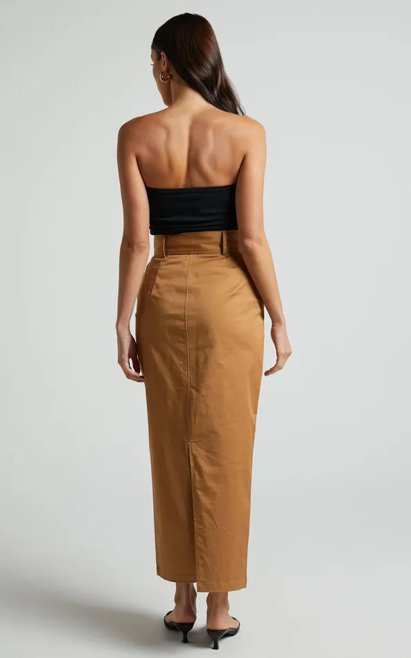 Showpo Anna Midi Skirt 8211 High Waisted Cargo In Camel Women Skirts