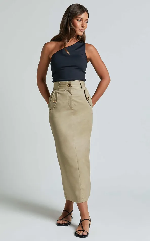 Showpo Anna Midi Skirt 8211 High Waisted Cargo In Sand Women Skirts