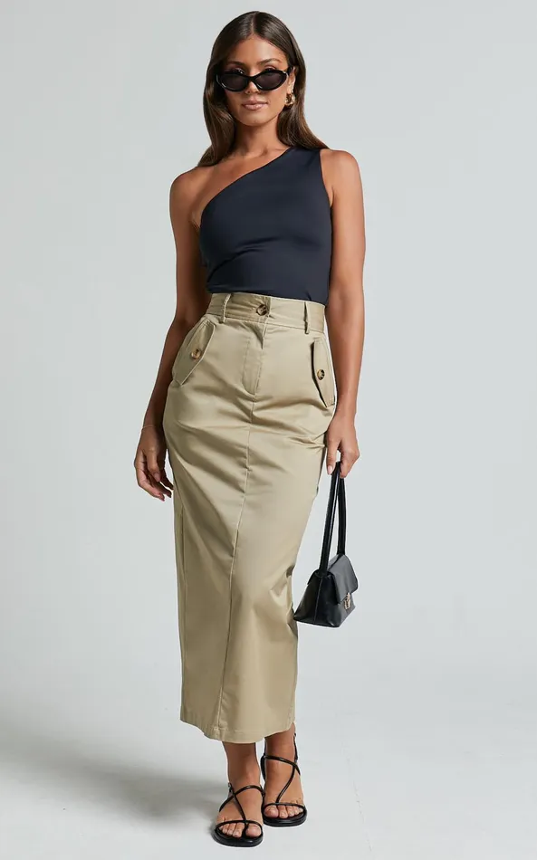 Showpo Anna Midi Skirt 8211 High Waisted Cargo In Sand Women Skirts