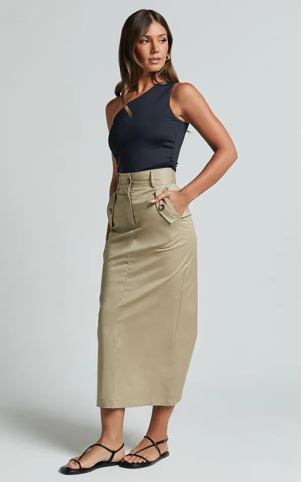 Showpo Anna Midi Skirt 8211 High Waisted Cargo In Sand Women Skirts