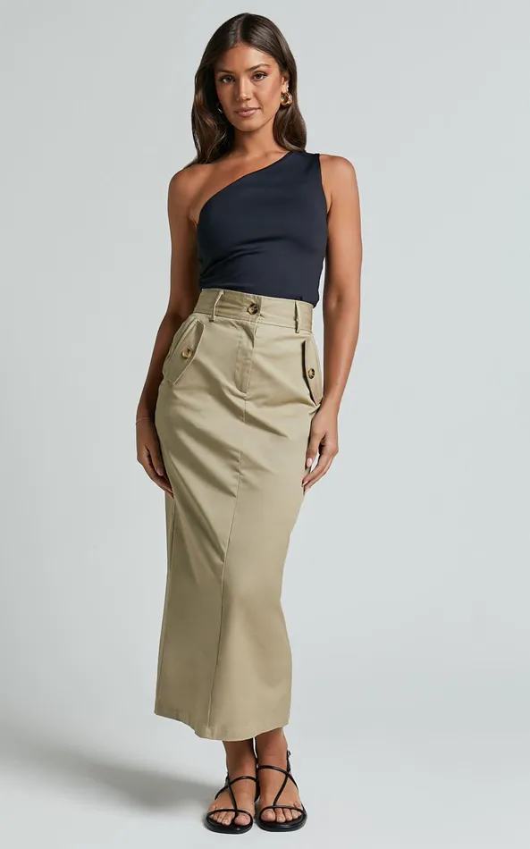 Showpo Anna Midi Skirt 8211 High Waisted Cargo In Sand Women Skirts