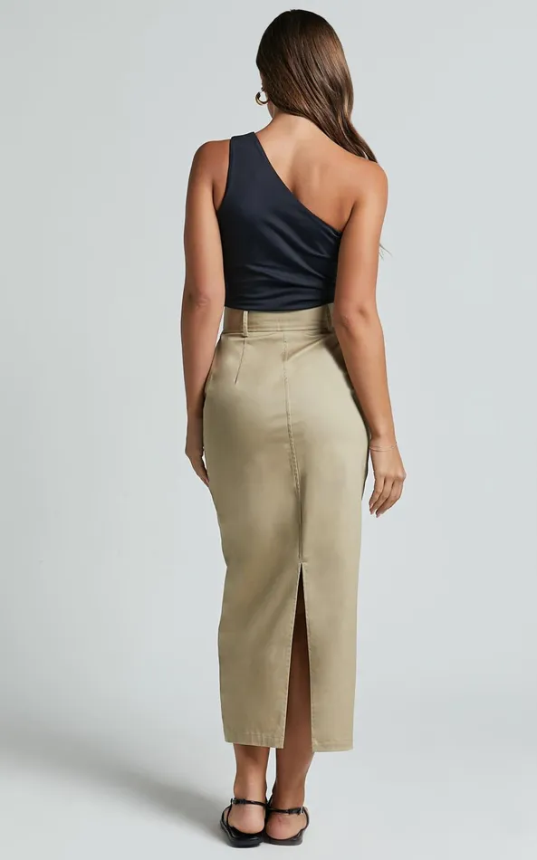 Showpo Anna Midi Skirt 8211 High Waisted Cargo In Sand Women Skirts