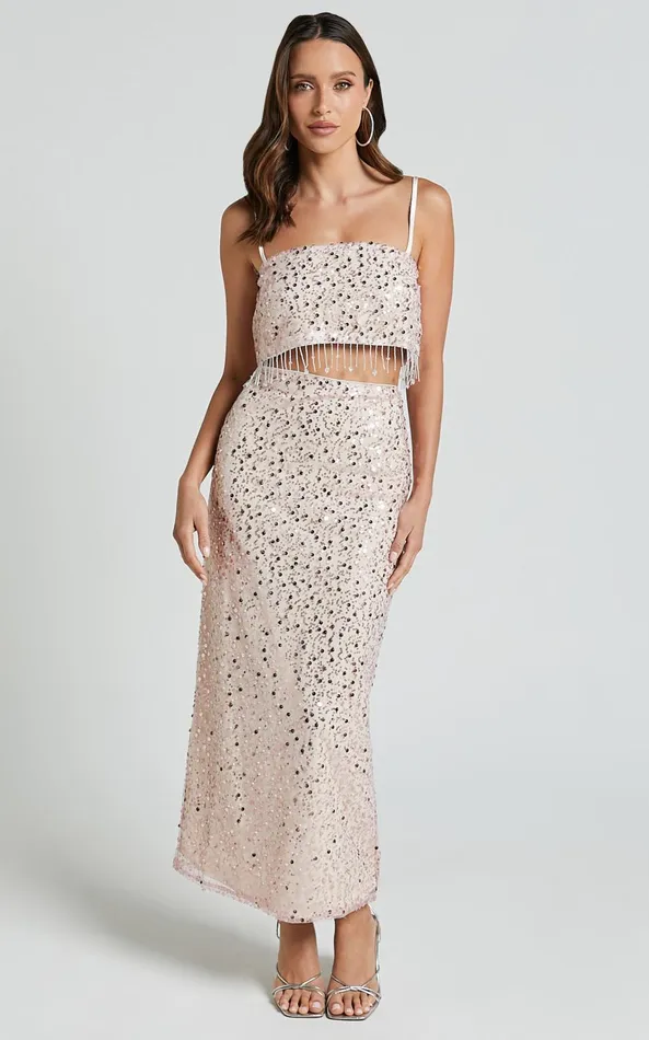 Showpo Anna Two Piece Set 8211 Tassel Crop Top And Midi Skirt Sequin Set In Pale Pink Women Two Piece Sets and Coords Showpo Anna Two Piece Set 8211 Tassel Crop Top And Midi Skirt Sequin Set In Pale Pink Women Two Piece Sets and Coords