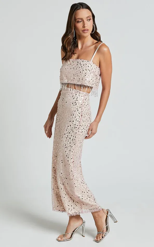 Showpo Anna Two Piece Set 8211 Tassel Crop Top And Midi Skirt Sequin Set In Pale Pink Women Two Piece Sets and Coords
