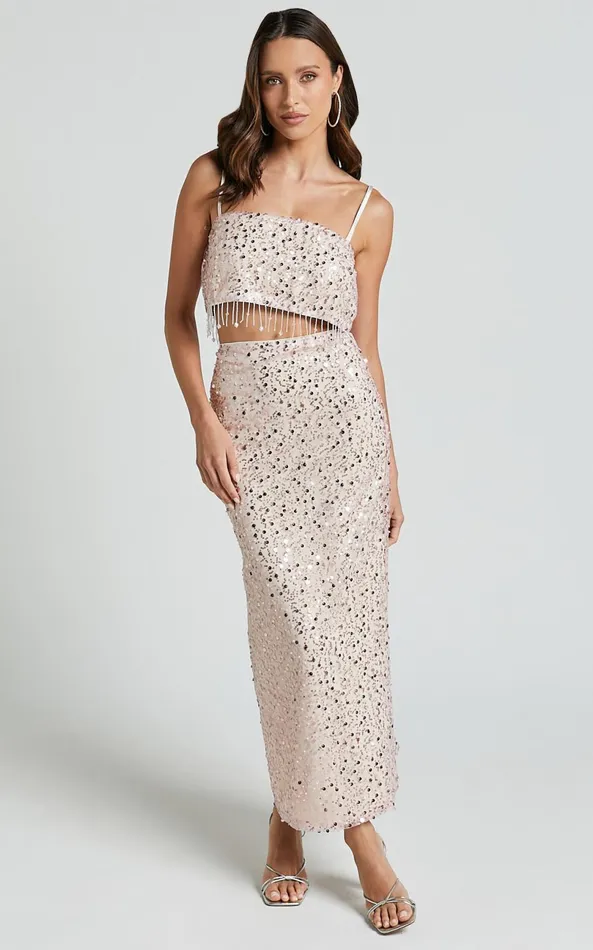 Showpo Anna Two Piece Set 8211 Tassel Crop Top And Midi Skirt Sequin Set In Pale Pink Women Two Piece Sets and Coords