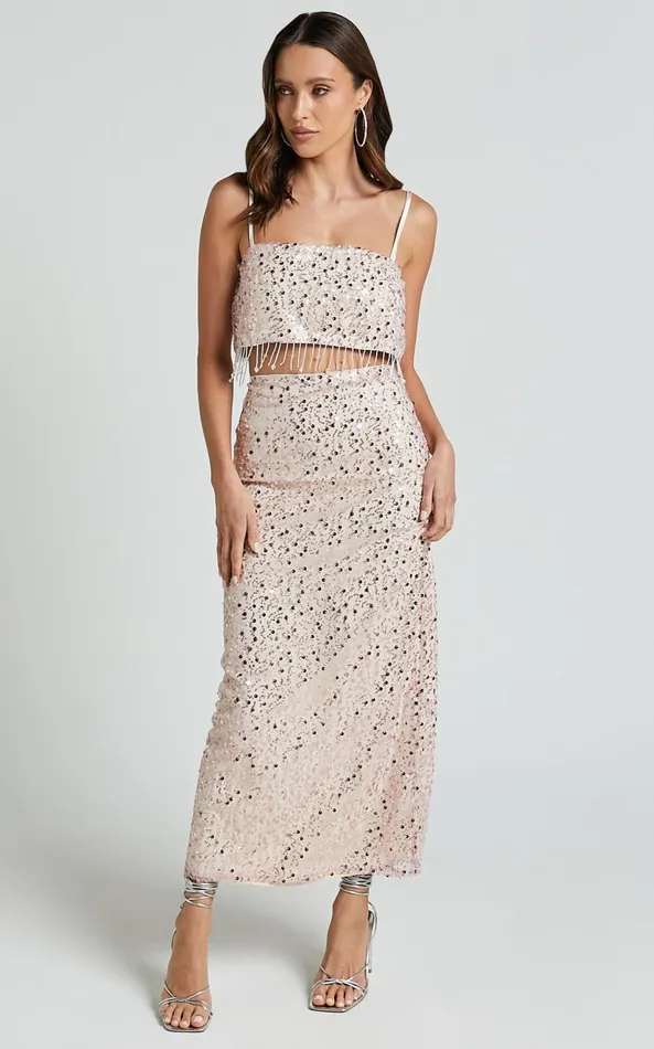 Showpo Anna Two Piece Set 8211 Tassel Crop Top And Midi Skirt Sequin Set In Pale Pink Women Two Piece Sets and Coords