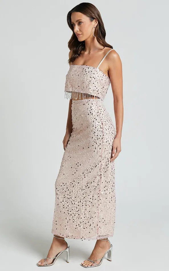 Showpo Anna Two Piece Set 8211 Tassel Crop Top And Midi Skirt Sequin Set In Pale Pink Women Two Piece Sets and Coords